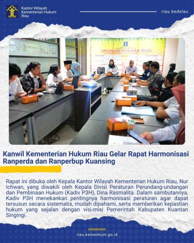 Kanwil Kementerian Hukum Riau Gelar Rapat Harmonisasi Ranperda dan Ranperbup Kuansing