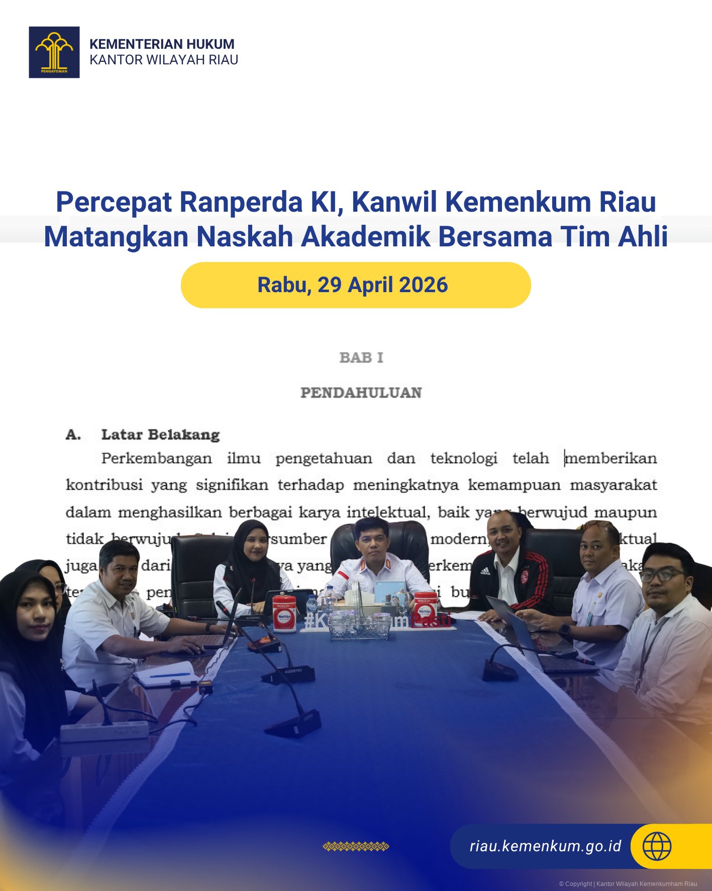 Percepat Ranperda KI, Kanwil Kemenkum Riau Matangkan Naskah Akademik Bersama Tim Ahli