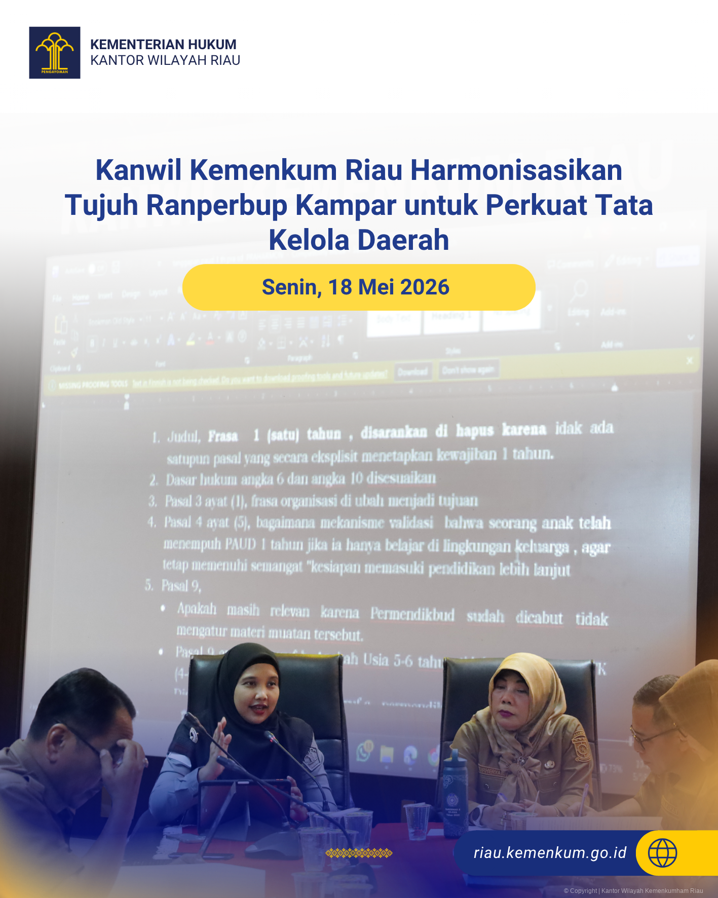 Kanwil Kemenkum Riau Harmonisasikan Tujuh Ranperbup Kampar untuk Perkuat Tata Kelola Daerah